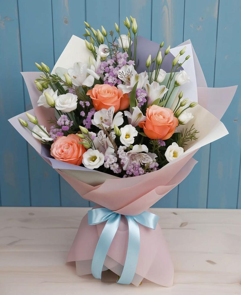 Букет цветов из: Лизиантусы, Розы, Альстромерии и Гипсофила в Дорогобуже
